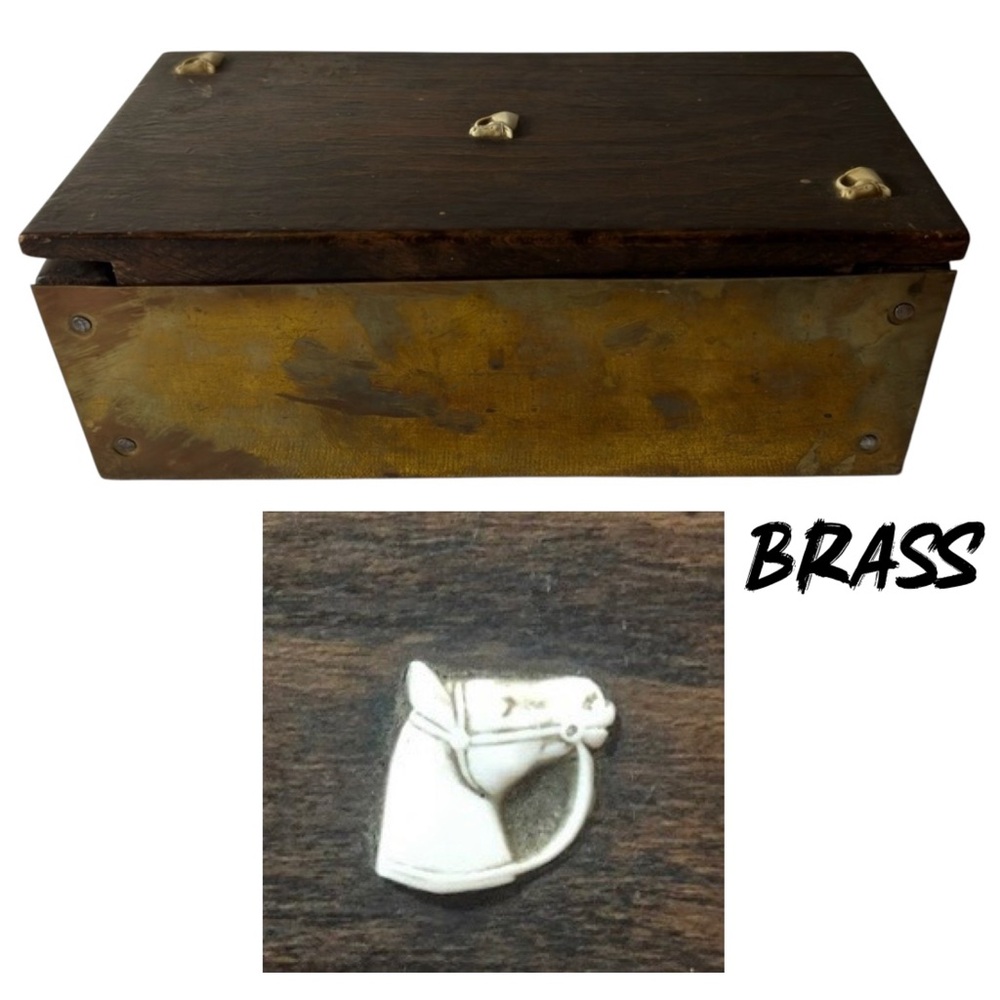 VTG brass & wood lidded storage box 8X4X3 farmhouse country primitive decor